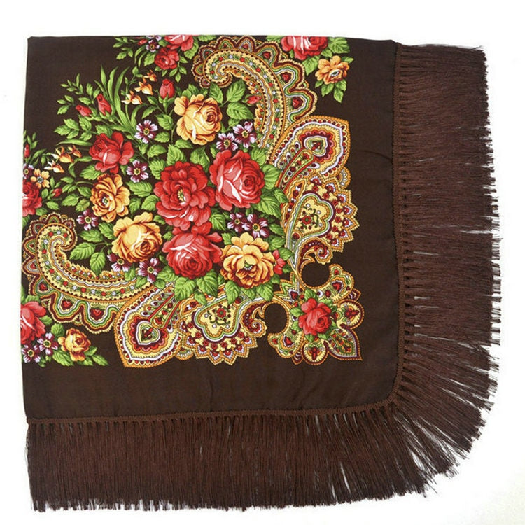 Ethic Floral Cotton Long Tassel Square Shawl