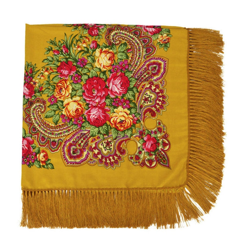 Ethic Floral Cotton Long Tassel Square Shawl