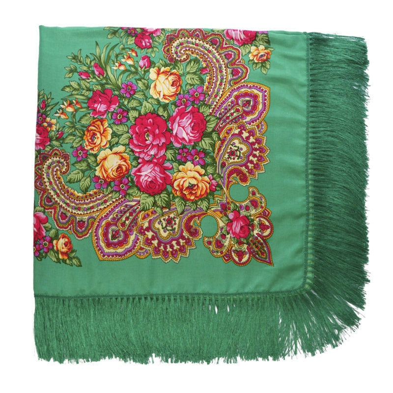 Ethic Floral Cotton Long Tassel Square Shawl