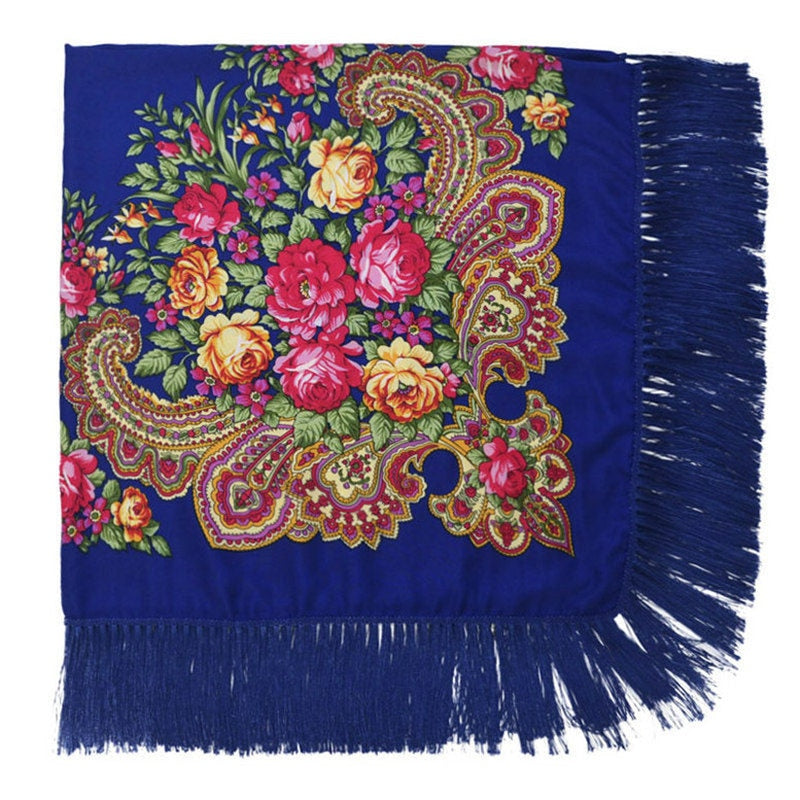 Ethic Floral Cotton Long Tassel Square Shawl