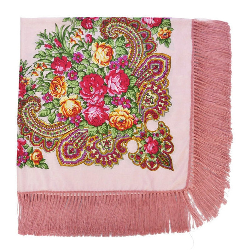 Ethic Floral Cotton Long Tassel Square Shawl