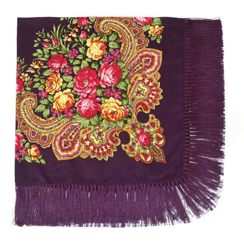 Ethic Floral Cotton Long Tassel Square Shawl