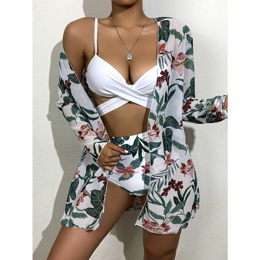 Women Printed High Waist Sexy Bikini And Cover Set - XL