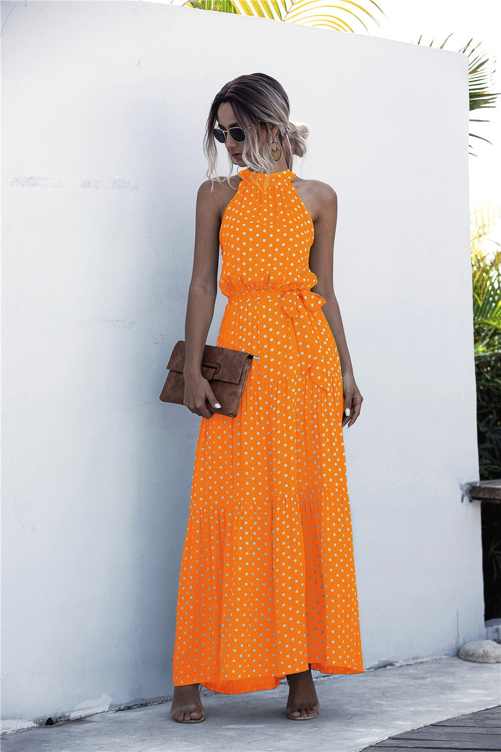 Polka Dot Print Casual Hanging Neck Off-shoulder Swing Dress
