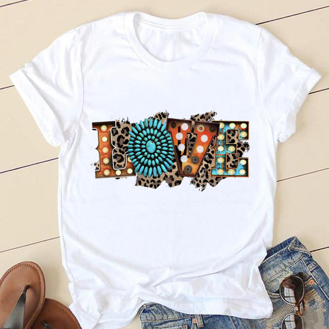 Short Sleeve Love Cartoon Print O-neck T-shirt - size small