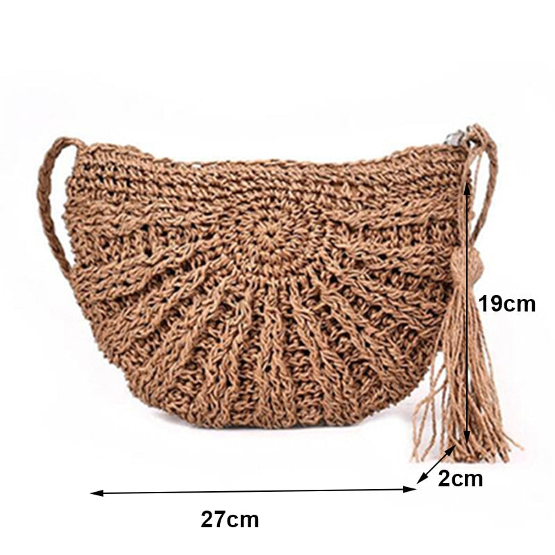 Handmade Rattan Straw Half Moon Round Handbag