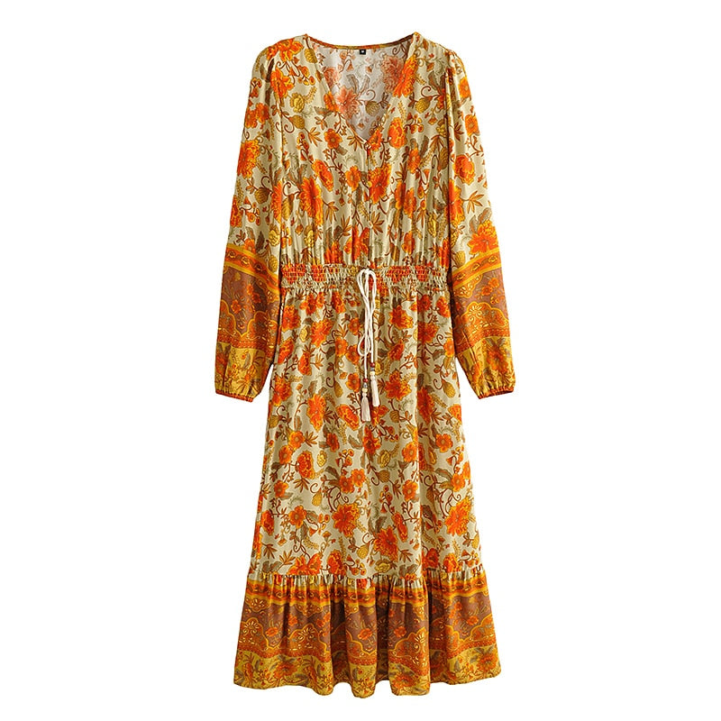 Ethnic Tie Neck Long Sleeve Tassel Rayon Boho Maxi Dress