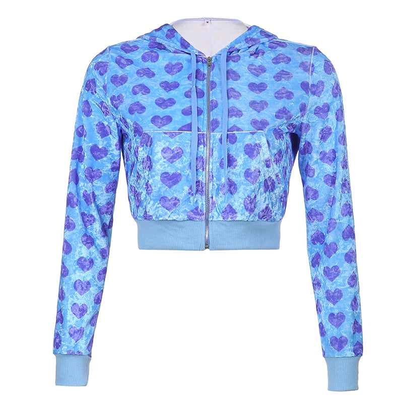 Heart Print Hooded Velvet Cropped Jacket Women Zip Up Cardigan Casual Harajuku Pink Coat Overshirt Sping Autumn 90s Iamhotty - YourStore