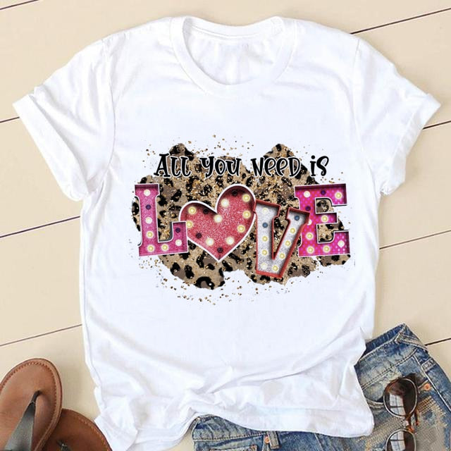 Short Sleeve Love Cartoon Print O-neck T-shirt - size small