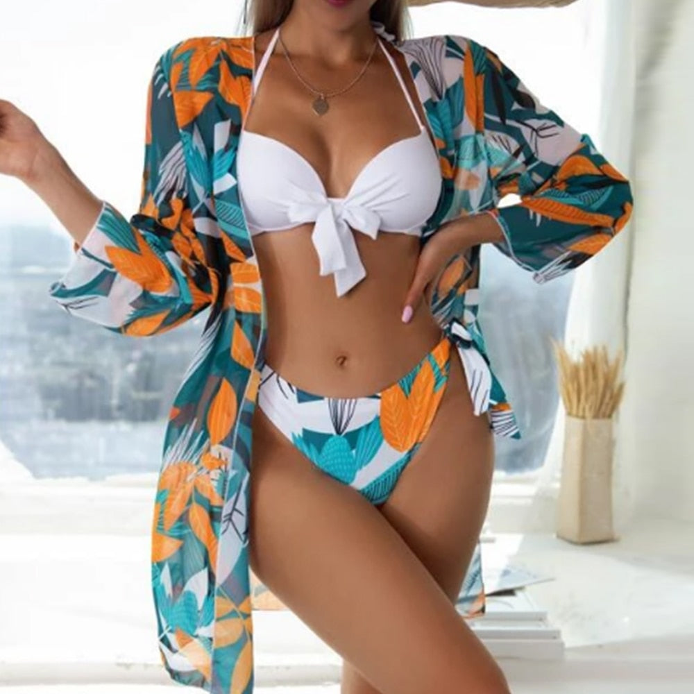 Women Printed High Waist Sexy Bikini And Cover Set - Small