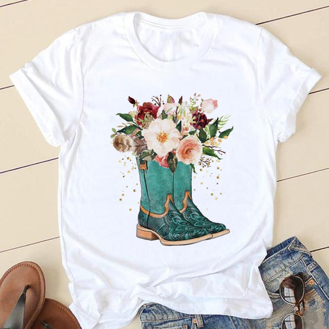 Short Sleeve Love Cartoon Print O-neck T-shirt - size small