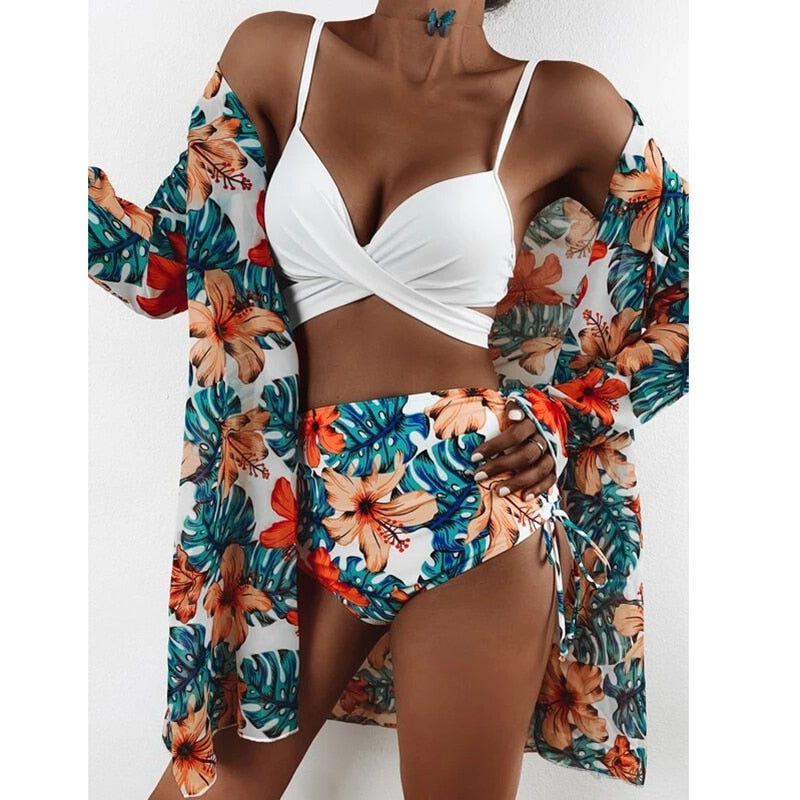 Women Printed High Waist Sexy Bikini And Cover Set - XL