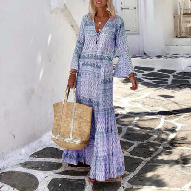 Geometric Elegant Flare Sleeve Maxi Long Beach Dress