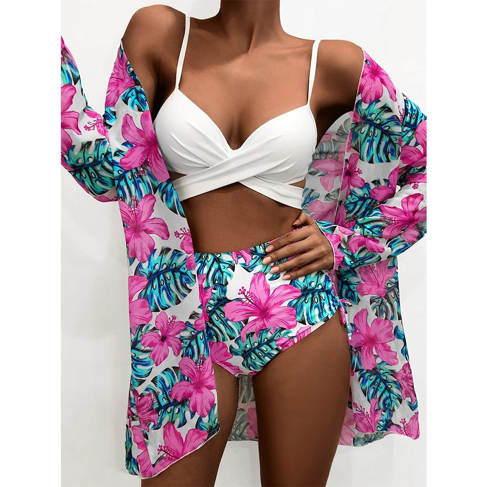 Women Printed High Waist Sexy Bikini And Cover Set - XL