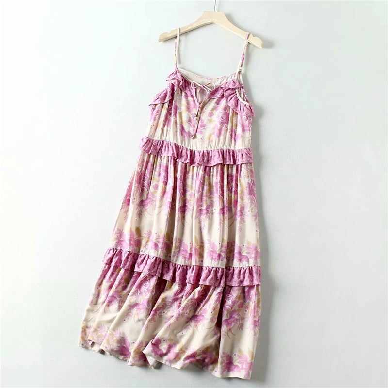 Summer Vintage Floral Tassel Midi Strap Drawstring Beach Dress