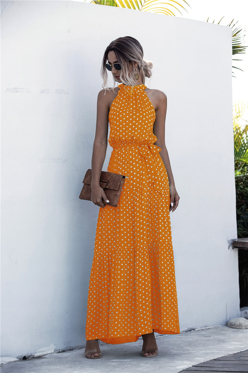 Polka Dot Print Casual Hanging Neck Off-shoulder Swing Dress