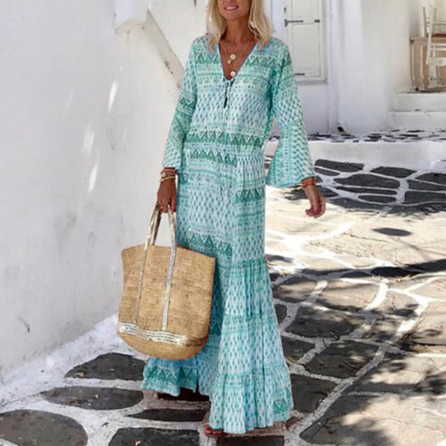 Geometric Elegant Flare Sleeve Maxi Long Beach Dress
