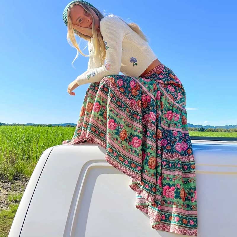 Boho A-Line Elastic Waist Long Skirt