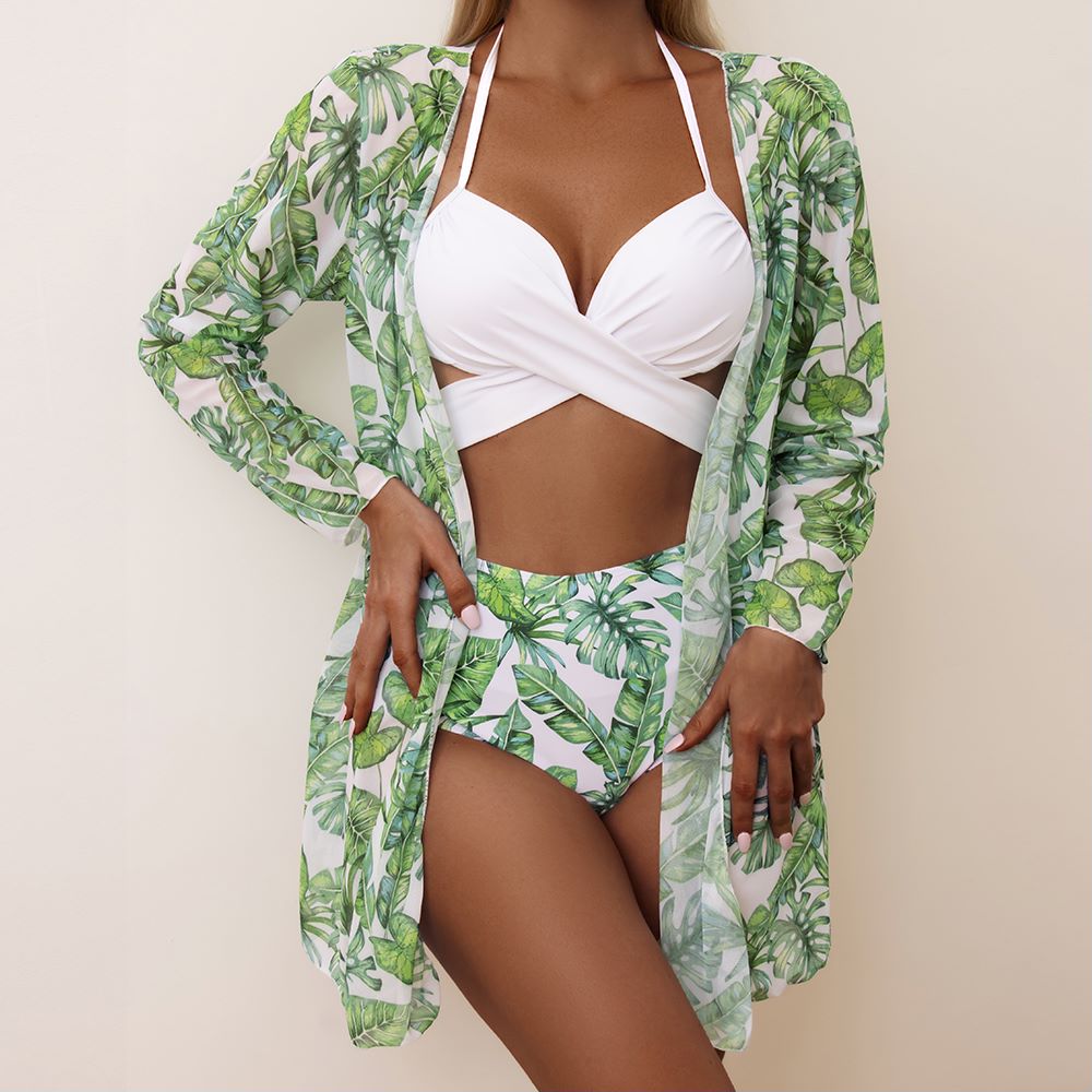 Women Printed High Waist Sexy Bikini And Cover Set - Large