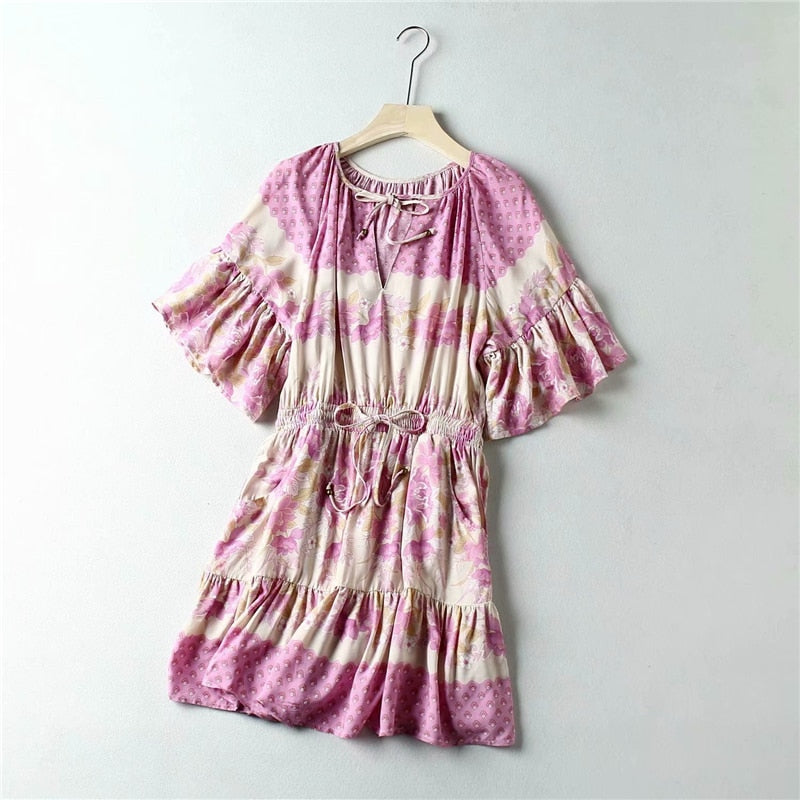 Boho Hippie Flare Sleeve Sashes Elastic Waist Mini Dress