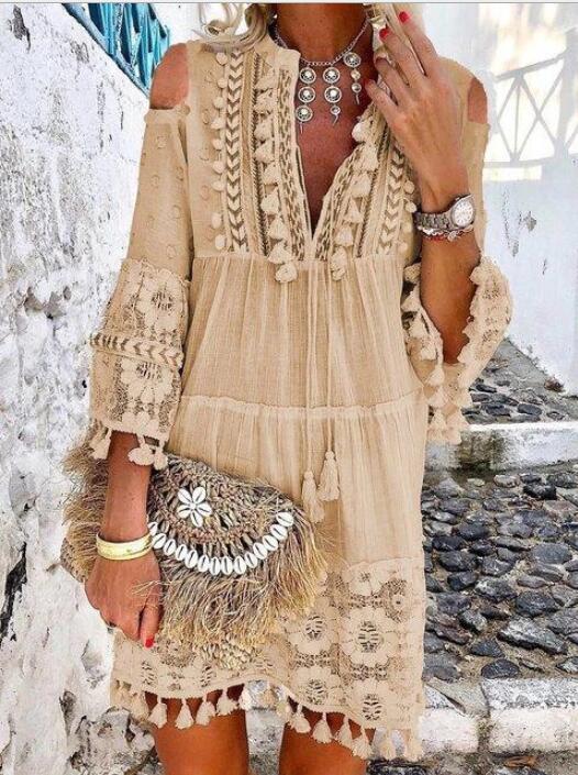 Boho Solid Hollow Out Lace Tassel Long Dress