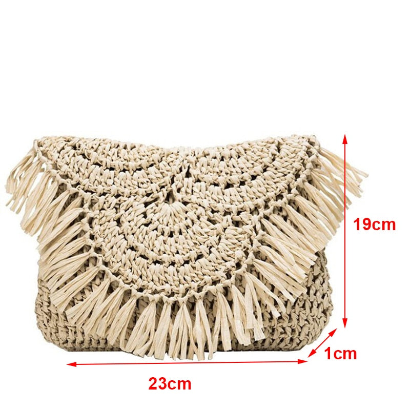 Handmade Rattan Straw Half Moon Round Handbag