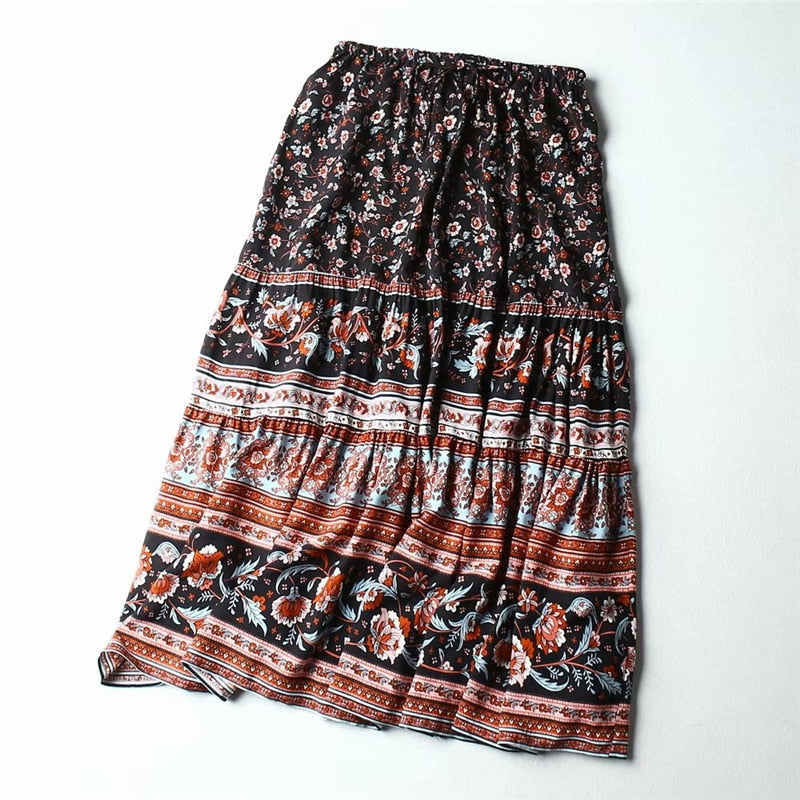 Floral Peacock High Elastic Waist Beach Midi A-Line Rayon Skirt
