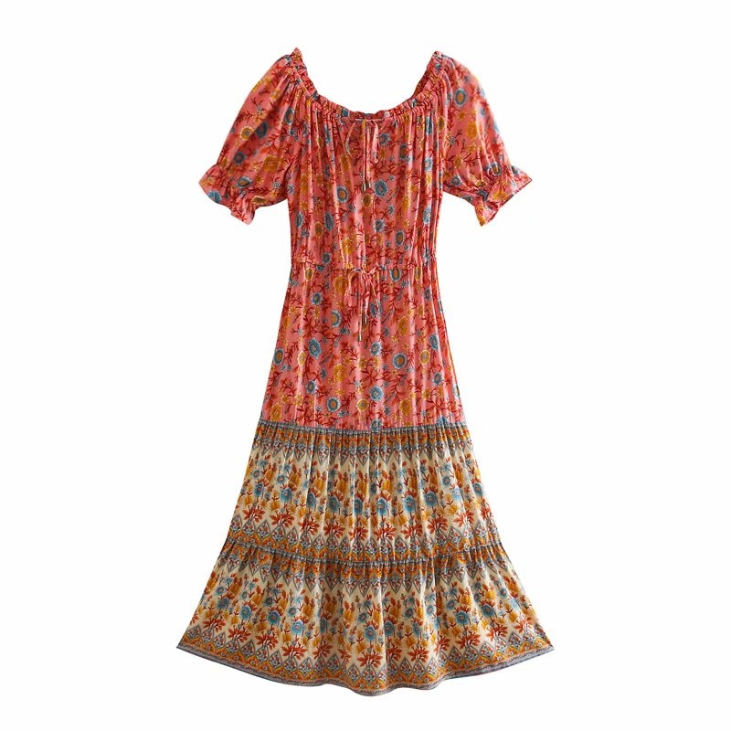 Floral Print Short Sleeve Beach Off Shoulder Boho Dress
