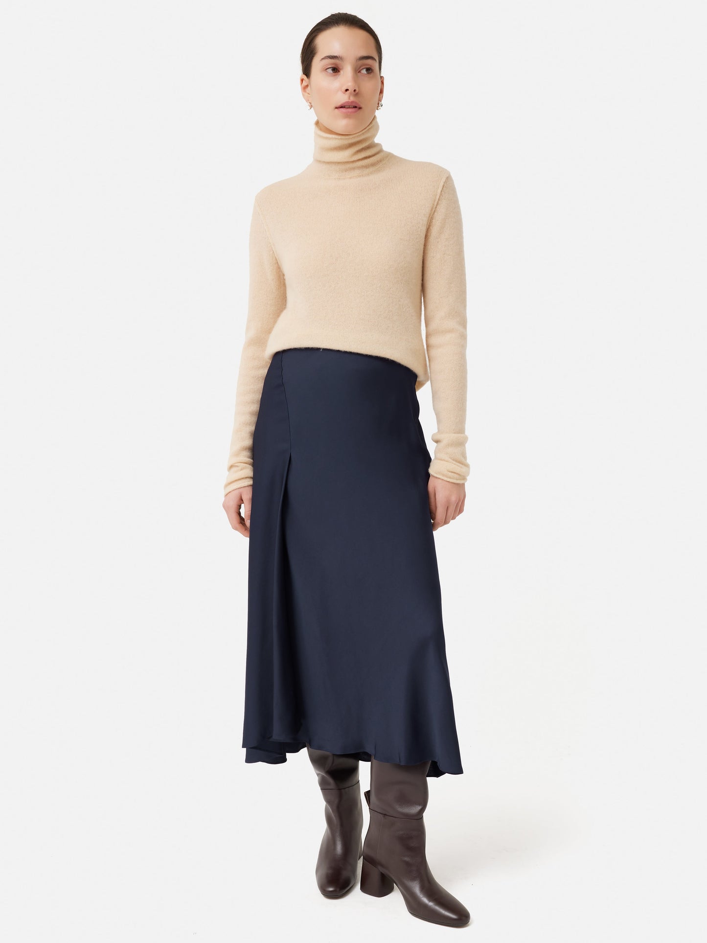 Satin Bias Asymmetric Skirt | Navy