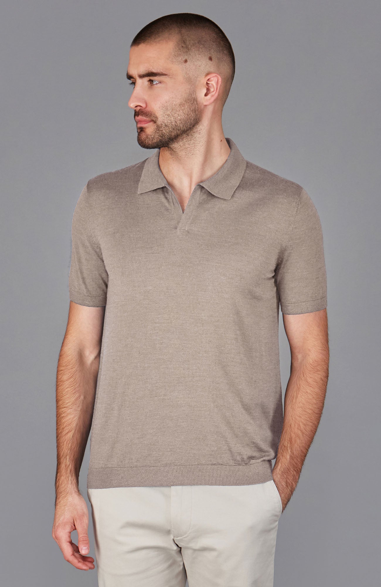 taupe mens merino silk polo shirt