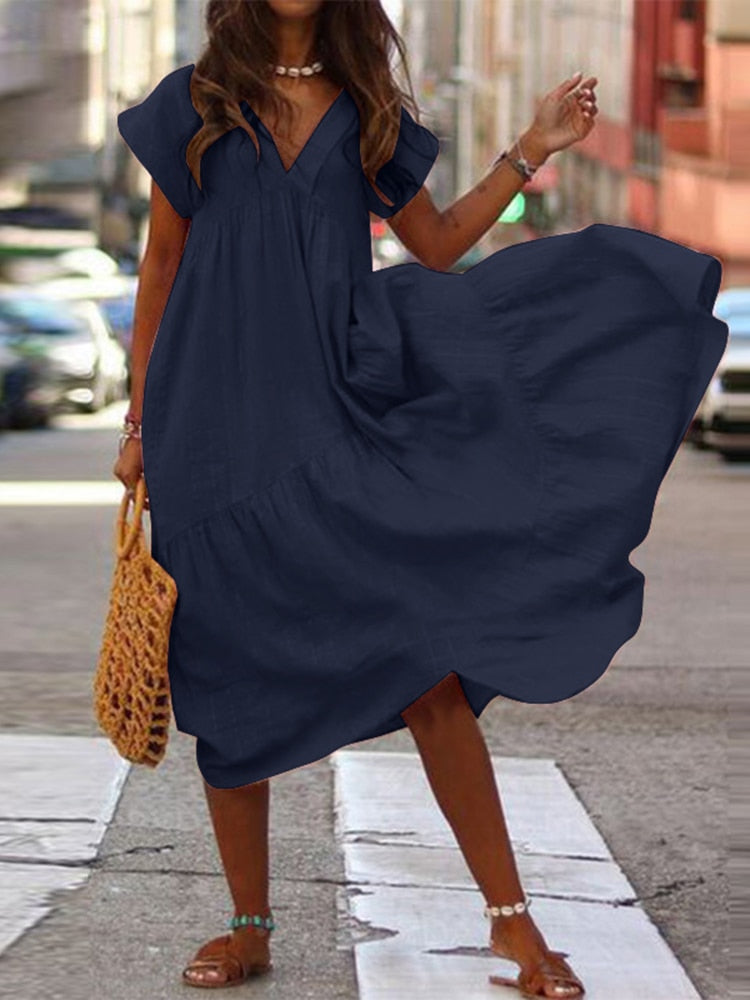 Fashion V Neck Mid Asymmetrical Robe Sundress