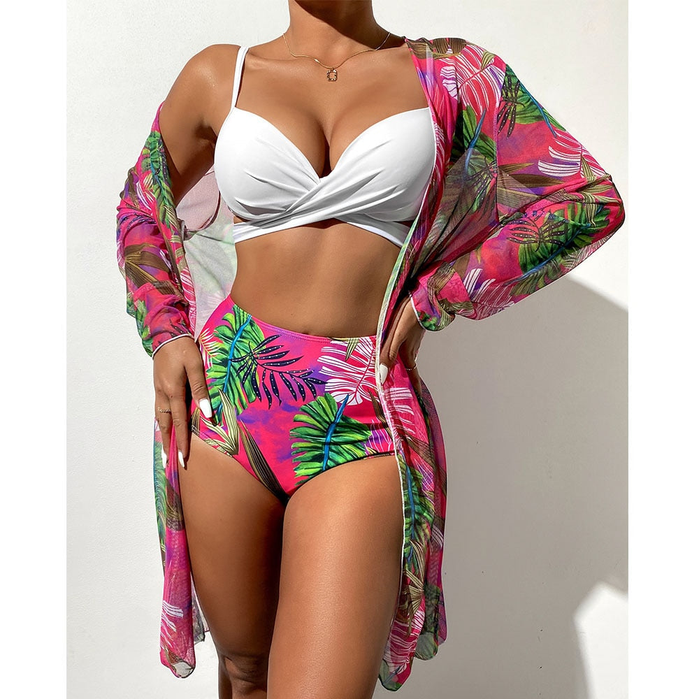 Women Printed High Waist Sexy Bikini And Cover Set - Small