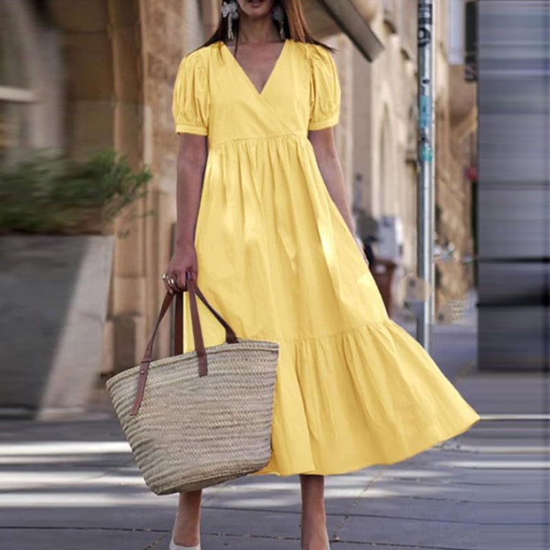 Elegant Solid Puff Sleeve Cotton Linen Dress