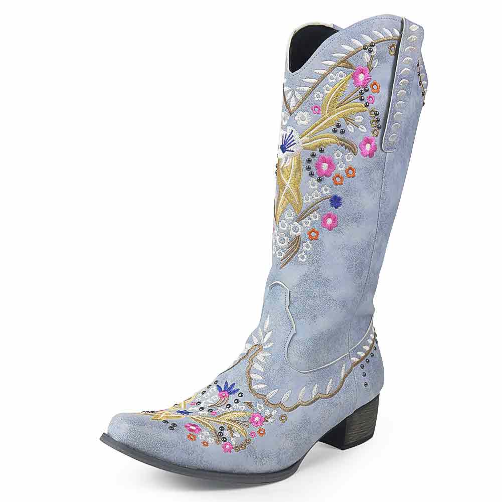 Retro Vintage Embroidery Walking Cowboy Boots Plus Size 43