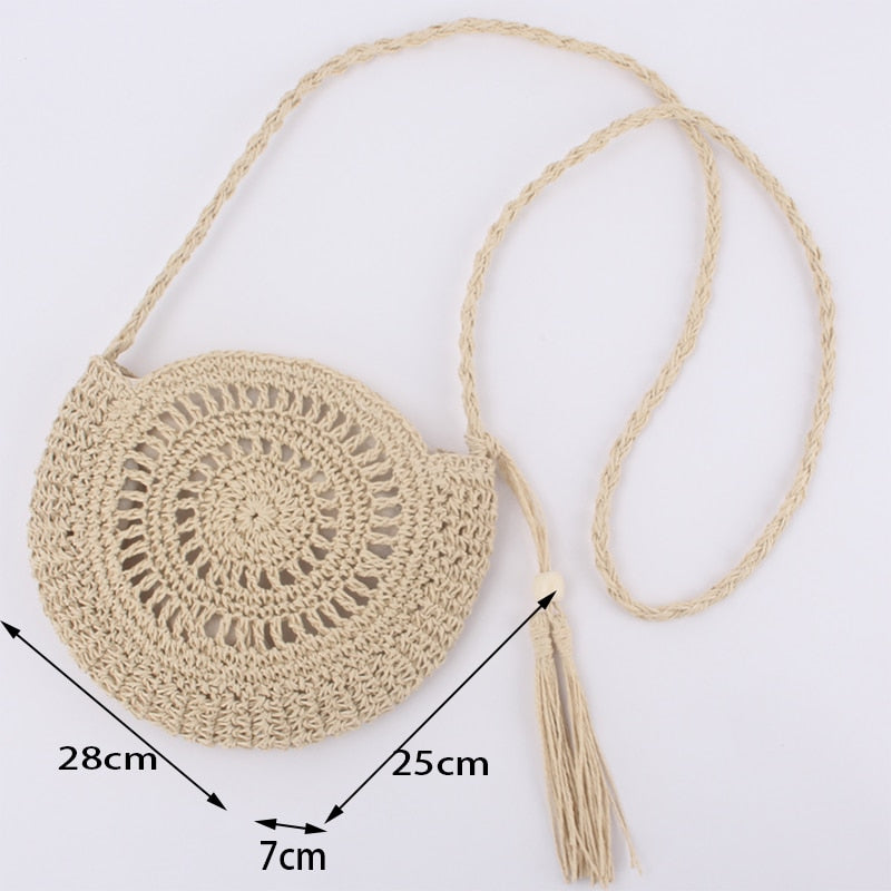 Handmade Rattan Straw Half Moon Round Handbag