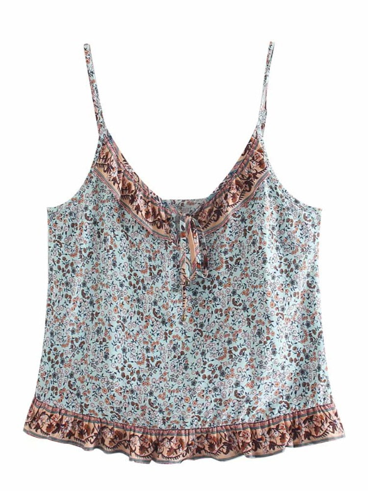 Boho Floral Print Rayon Cotton Camis Ruffles Sleeveless Crop Top