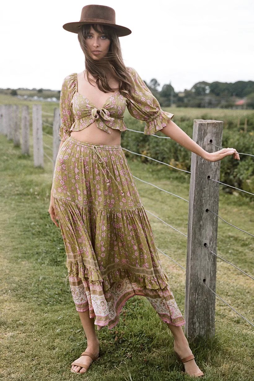 Bohemian Yellow Floral Print A-Line High Elastic Waist Maxi Skirt