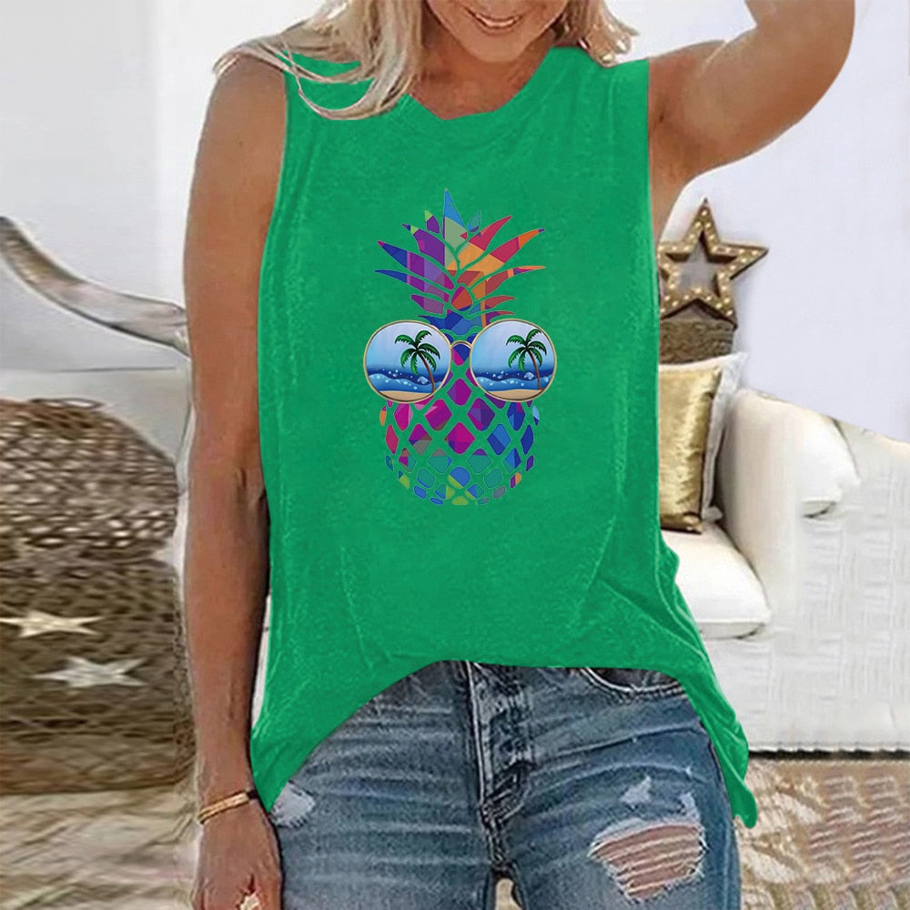 Funny Pineapple Print Sleeveless Casual Loose Tshirt