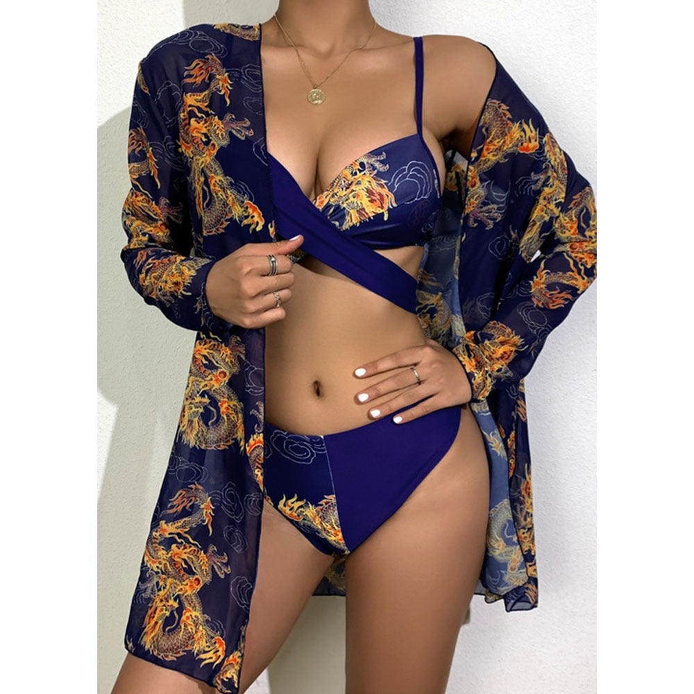 Women Printed High Waist Sexy Bikini And Cover Set - Large
