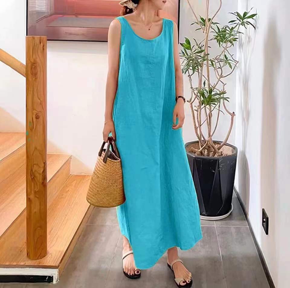 Elegant Solid Puff Sleeve Cotton Linen Dress