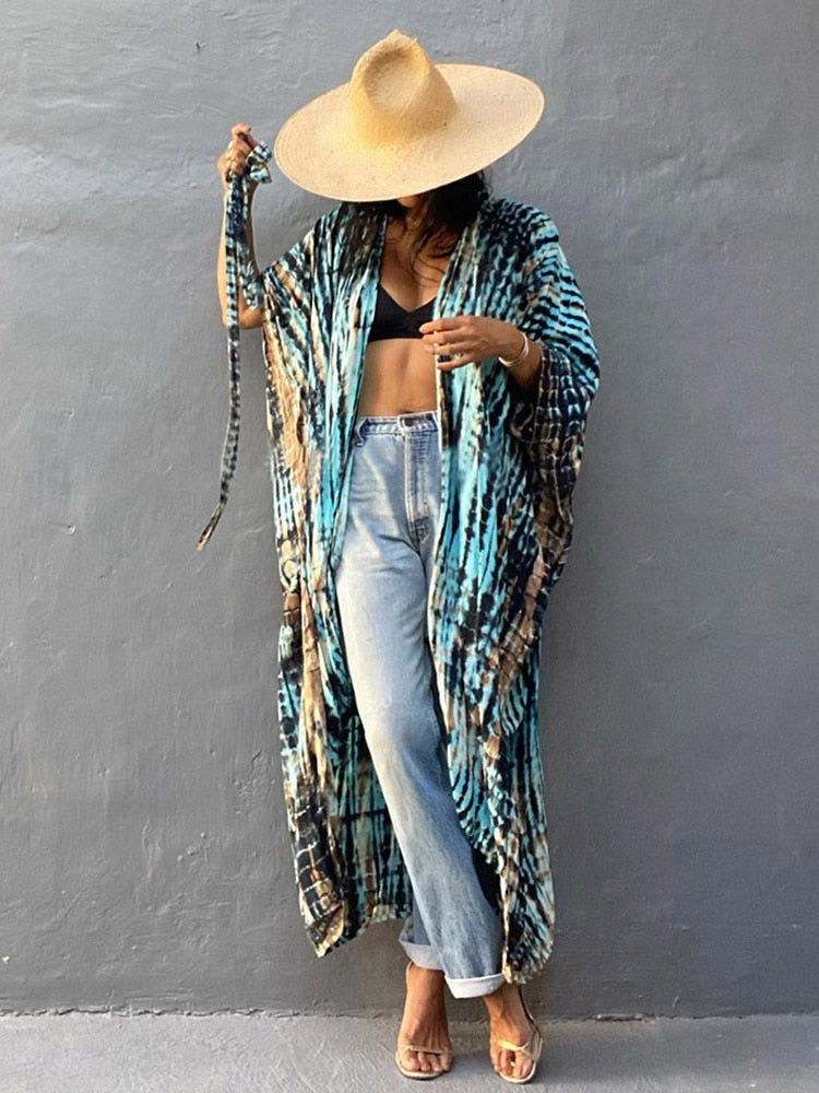 Boho Stripes Tie Dye Bikini Cover-ups Beach Kimono Dress