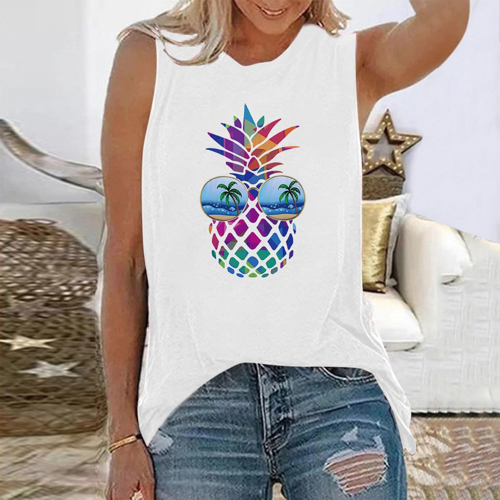 Funny Pineapple Print Sleeveless Casual Loose Tshirt