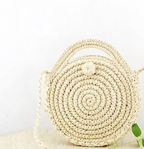 Handmade Rattan Straw Half Moon Round Handbag