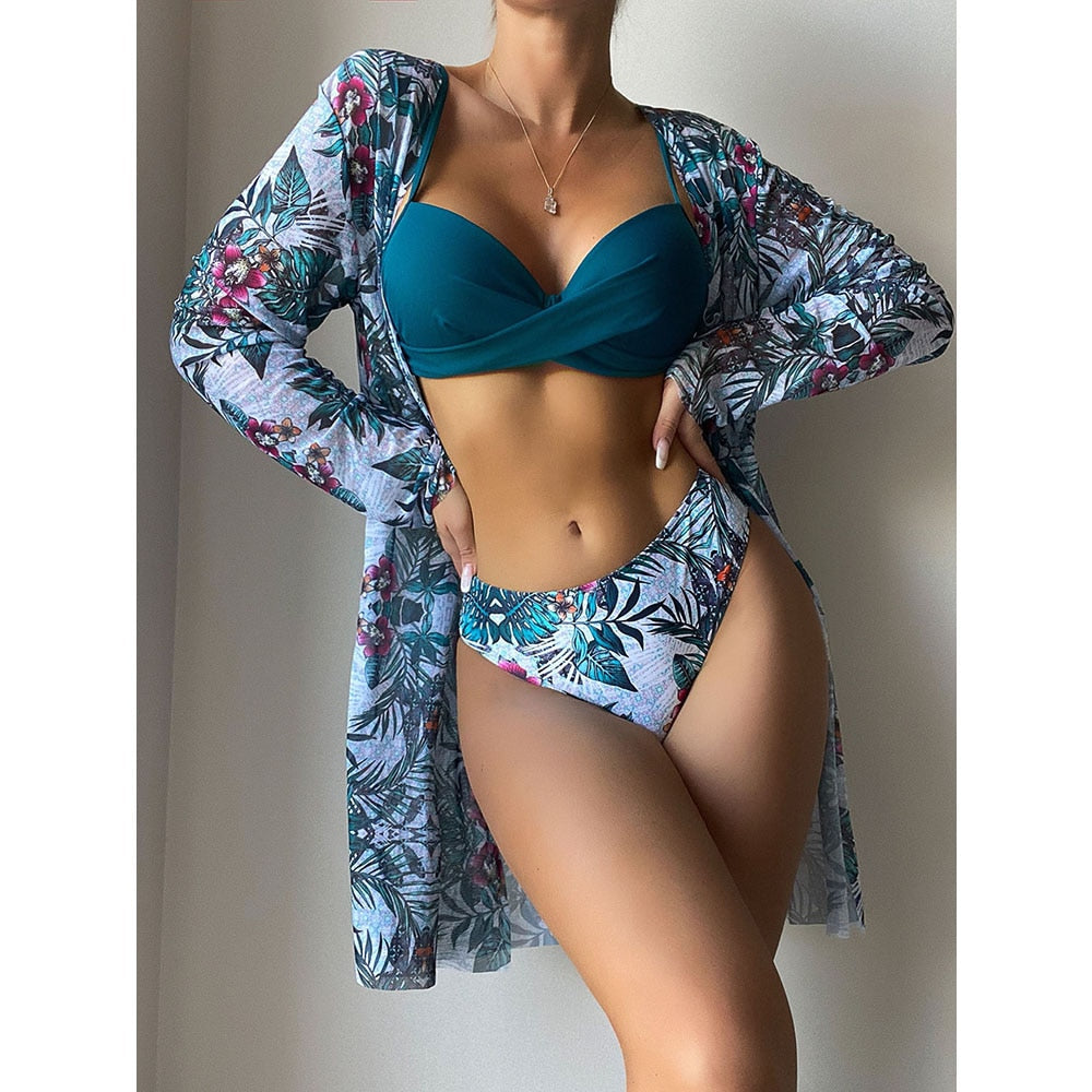 Women Printed High Waist Sexy Bikini And Cover Set - Small