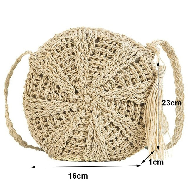 Handmade Rattan Straw Half Moon Round Handbag