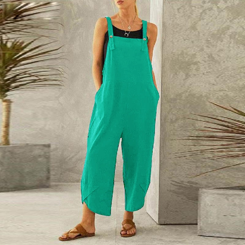 Solid Color Pocket Cotton Linen Strap Loose Jumpsuit