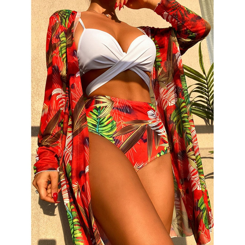 Women Printed High Waist Sexy Bikini And Cover Set - XL