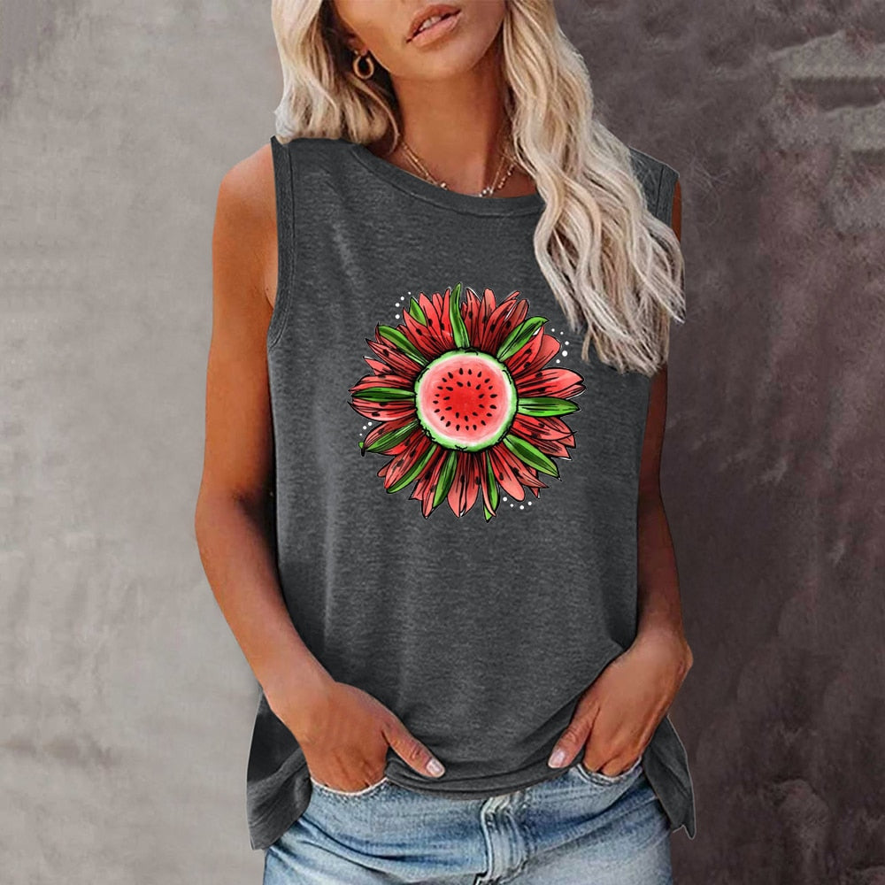 Funny Watermelon Sunflower Print Sleeveless Tshirt