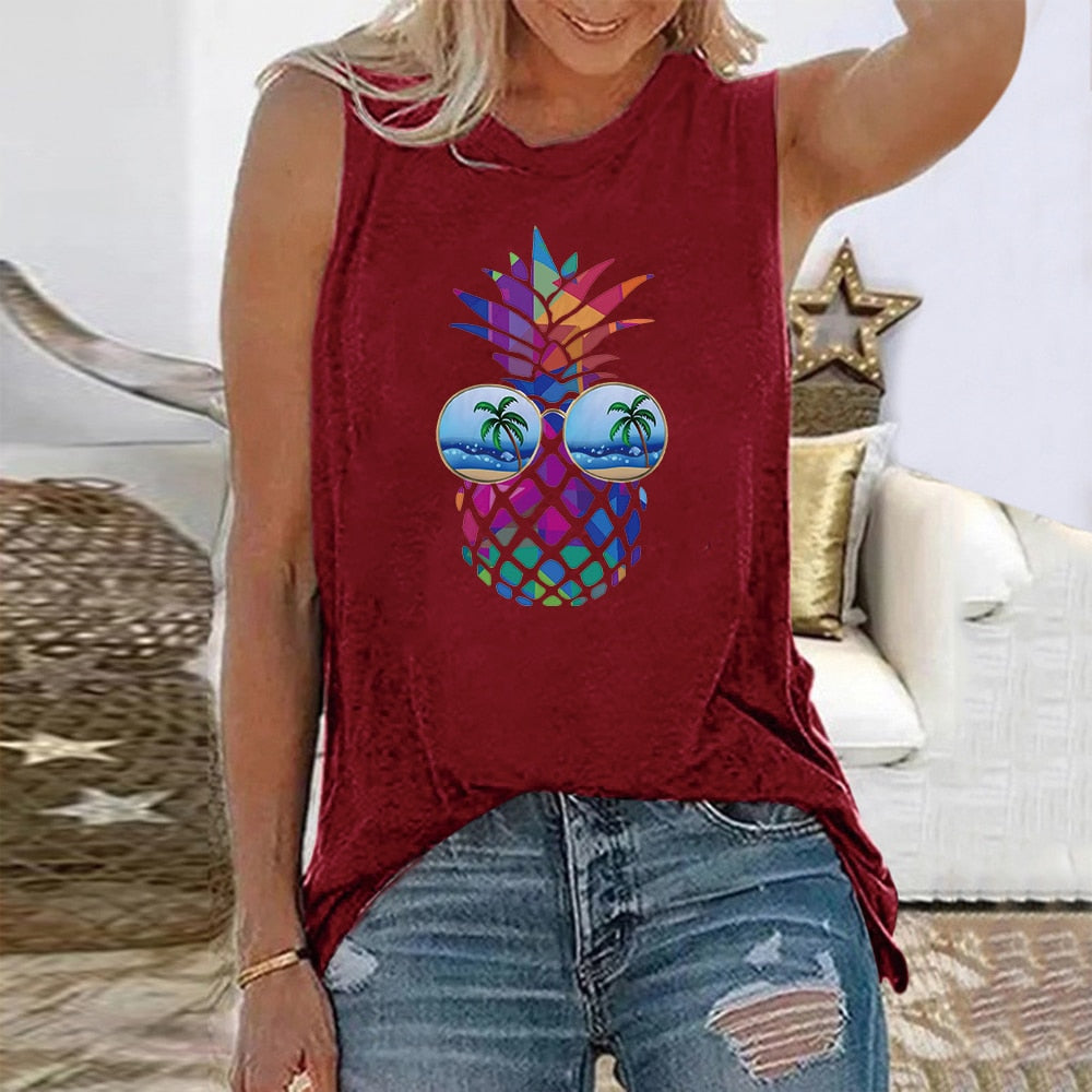 Funny Pineapple Print Sleeveless Casual Loose Tshirt