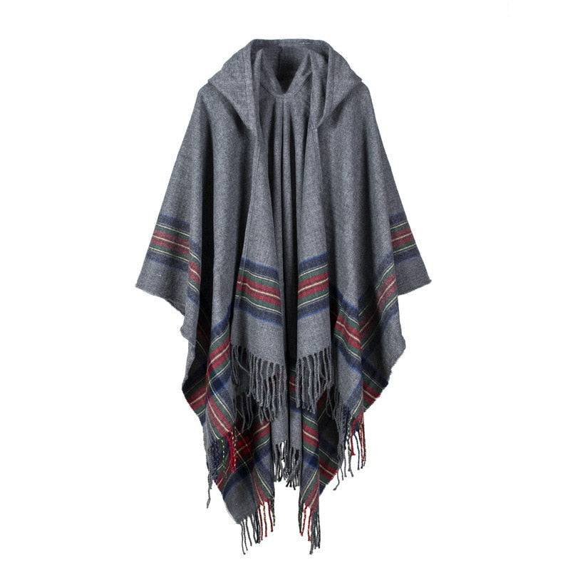 Fashionable Cashmere Jacquard Hooded Cloak Poncho Cape